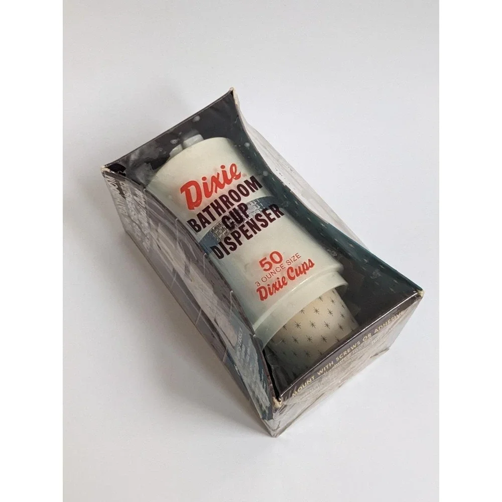 Vintage Mid Century Dixie Cup Bathroom Dispenser NIP‎ Starburst Design & 50 Cups
